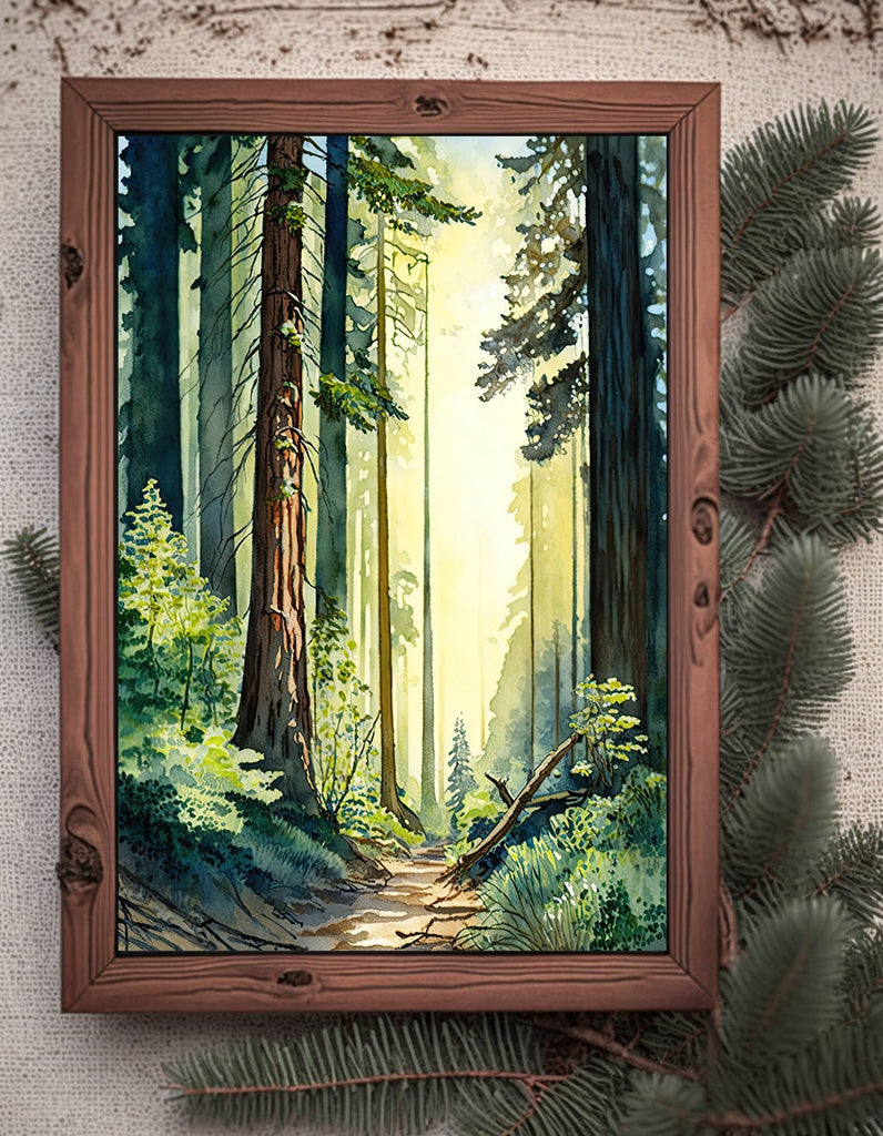 Redwood Tree Forest California Print Sequoia National Park Wall Art Landscape Watercolor Painting Gift Rustic Woodland Home Decor