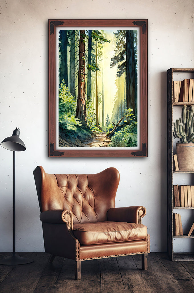 Redwood Tree Forest California Print Sequoia National Park Wall Art Landscape Watercolor Painting Gift Rustic Woodland Home Decor