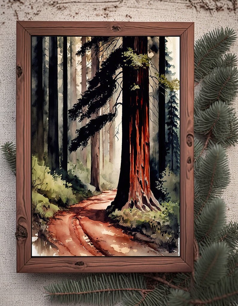 Redwood Tree Forest California Print Sequoia National Park Wall Art Landscape Watercolor Painting Gift Rustic Woodland Home Decor