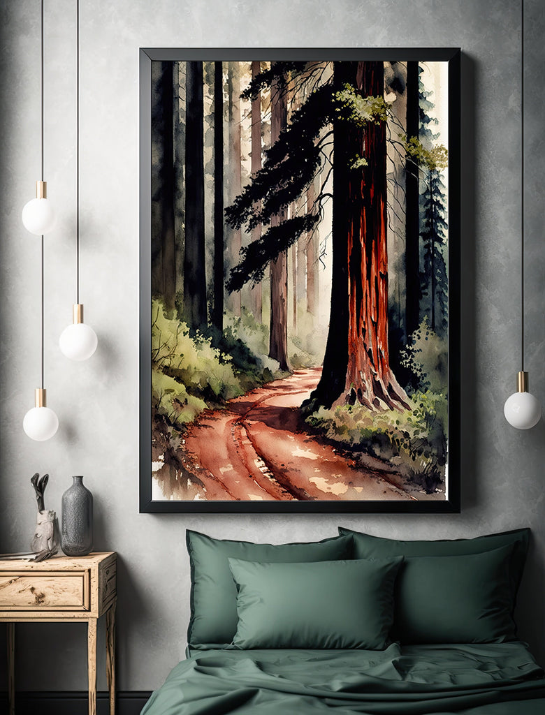 Redwood Tree Forest California Print Sequoia National Park Wall Art Landscape Watercolor Painting Gift Rustic Woodland Home Decor