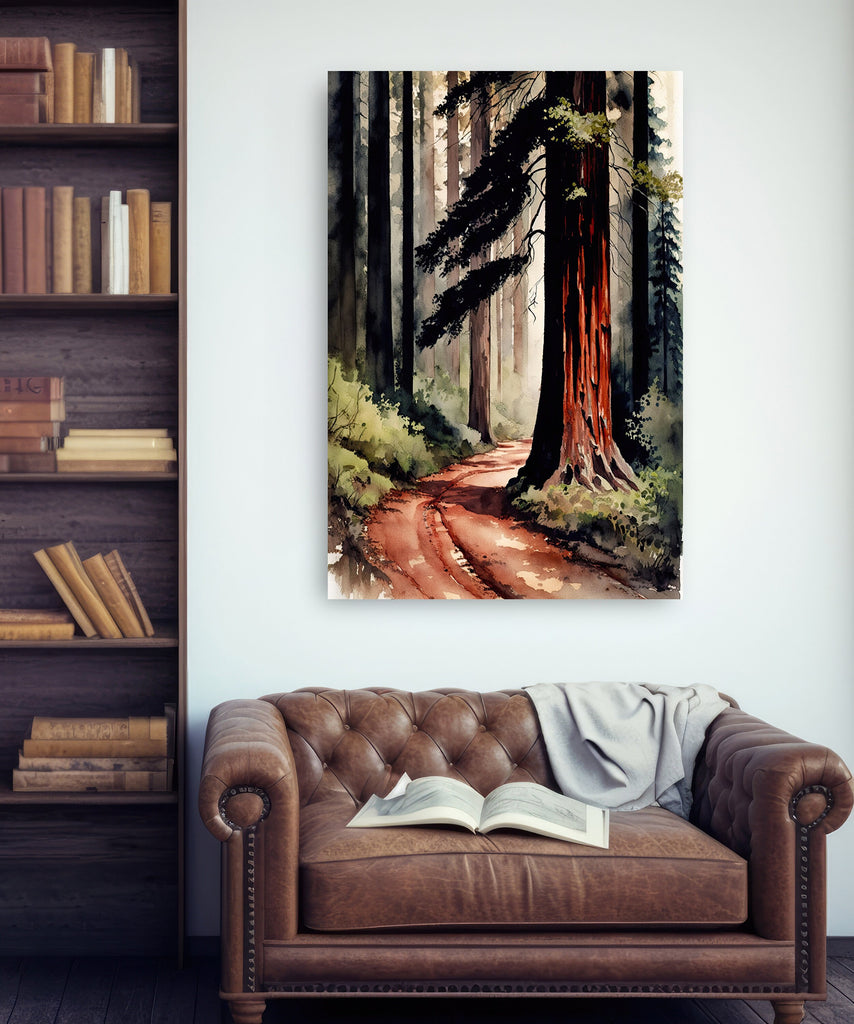 Redwood Tree Forest California Print Sequoia National Park Wall Art Landscape Watercolor Painting Gift Rustic Woodland Home Decor