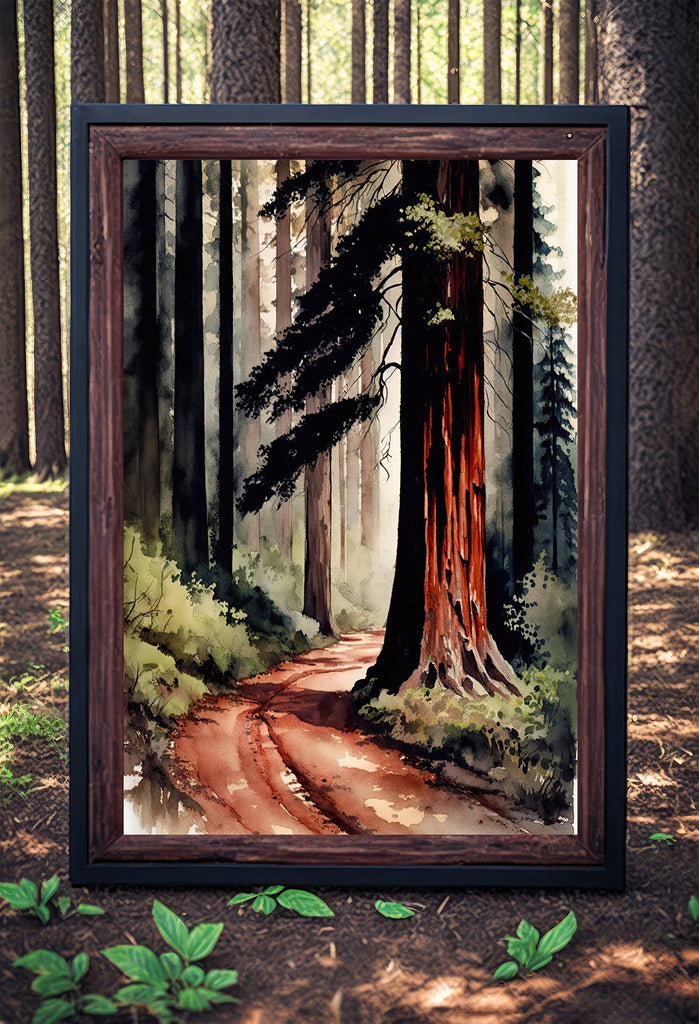 Redwood Tree Forest California Print Sequoia National Park Wall Art Landscape Watercolor Painting Gift Rustic Woodland Home Decor