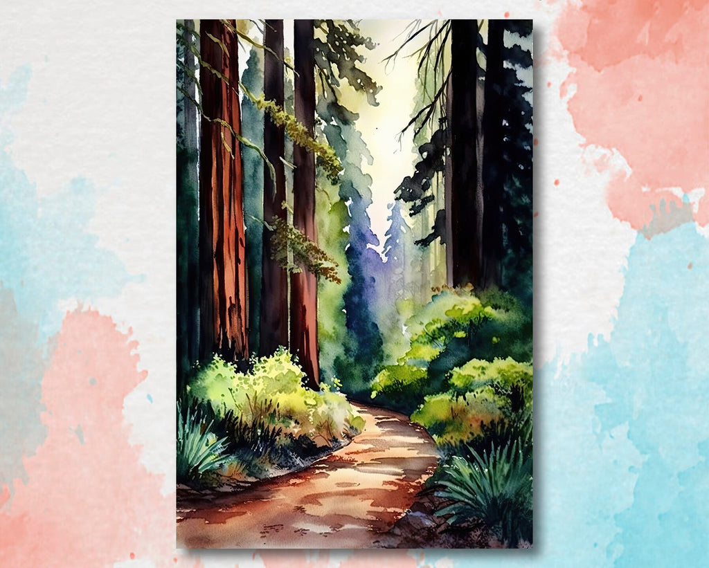 Redwood Tree Forest California Print Sequoia National Park Wall Art Landscape Watercolor Painting Gift Rustic Woodland Home Decor