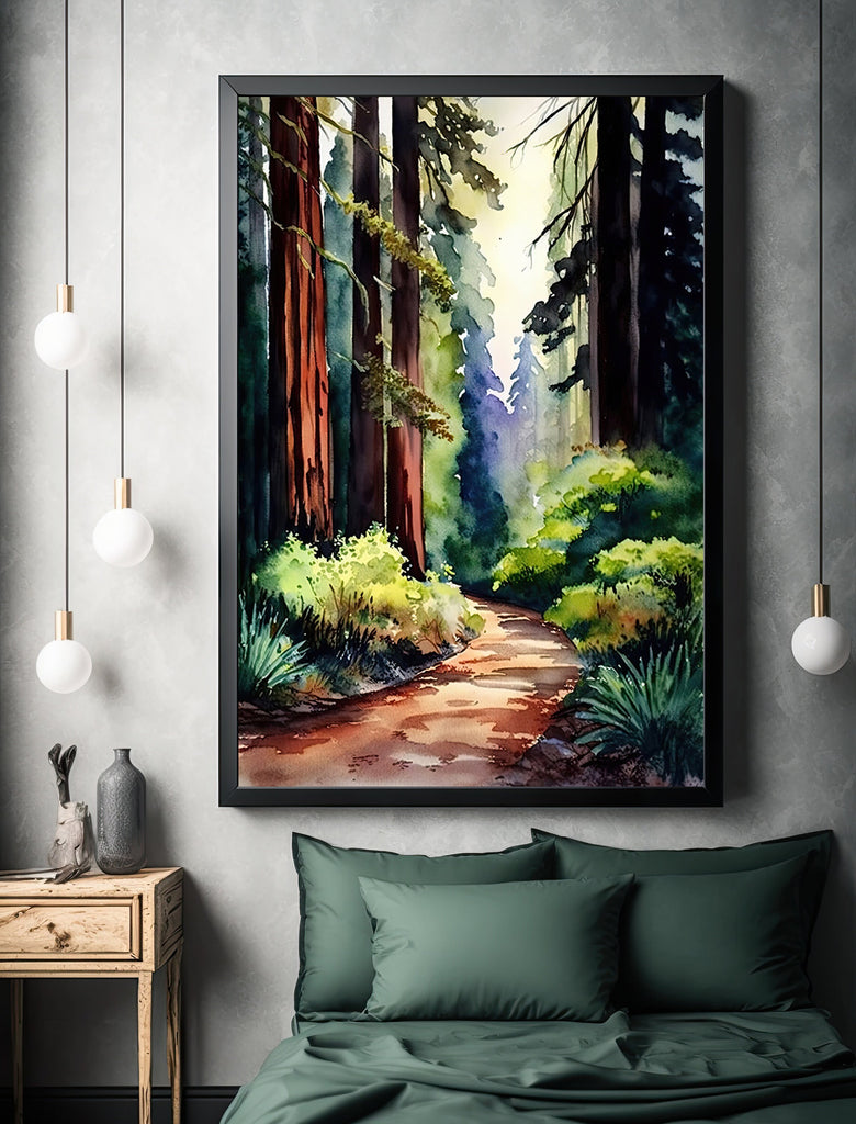 Redwood Tree Forest California Print Sequoia National Park Wall Art Landscape Watercolor Painting Gift Rustic Woodland Home Decor