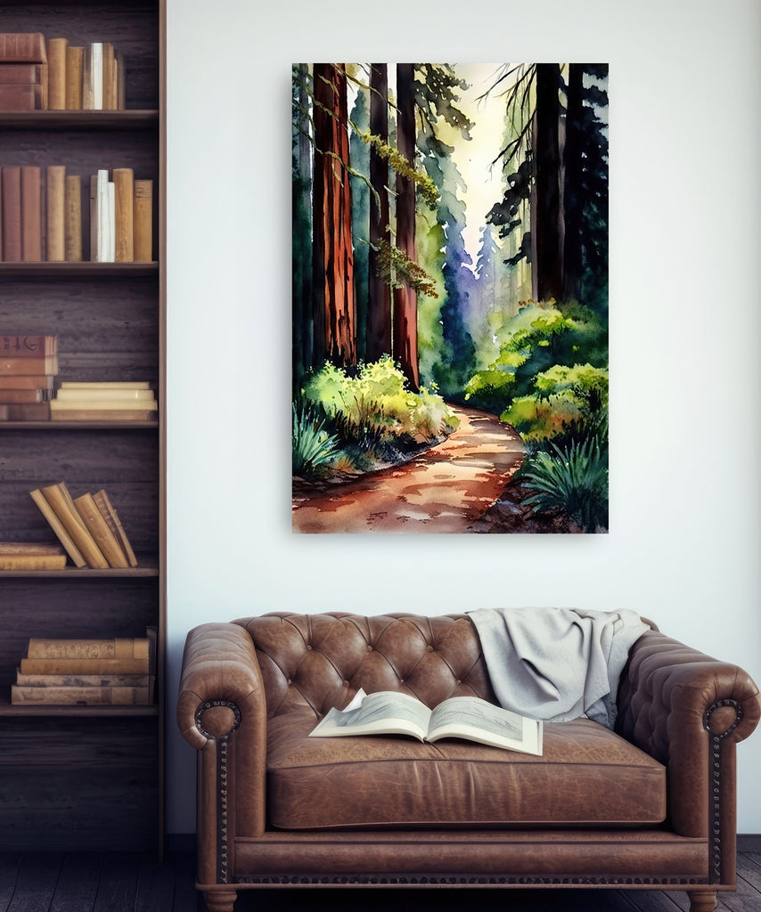 Redwood Tree Forest California Print Sequoia National Park Wall Art Landscape Watercolor Painting Gift Rustic Woodland Home Decor