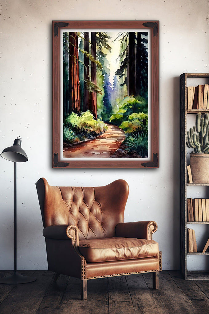 Redwood Tree Forest California Print Sequoia National Park Wall Art Landscape Watercolor Painting Gift Rustic Woodland Home Decor