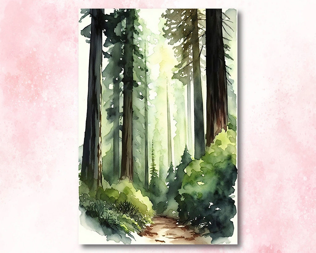 Redwood Tree Forest California Print Sequoia National Park Wall Art Landscape Watercolor Painting Gift Rustic Woodland Home Decor