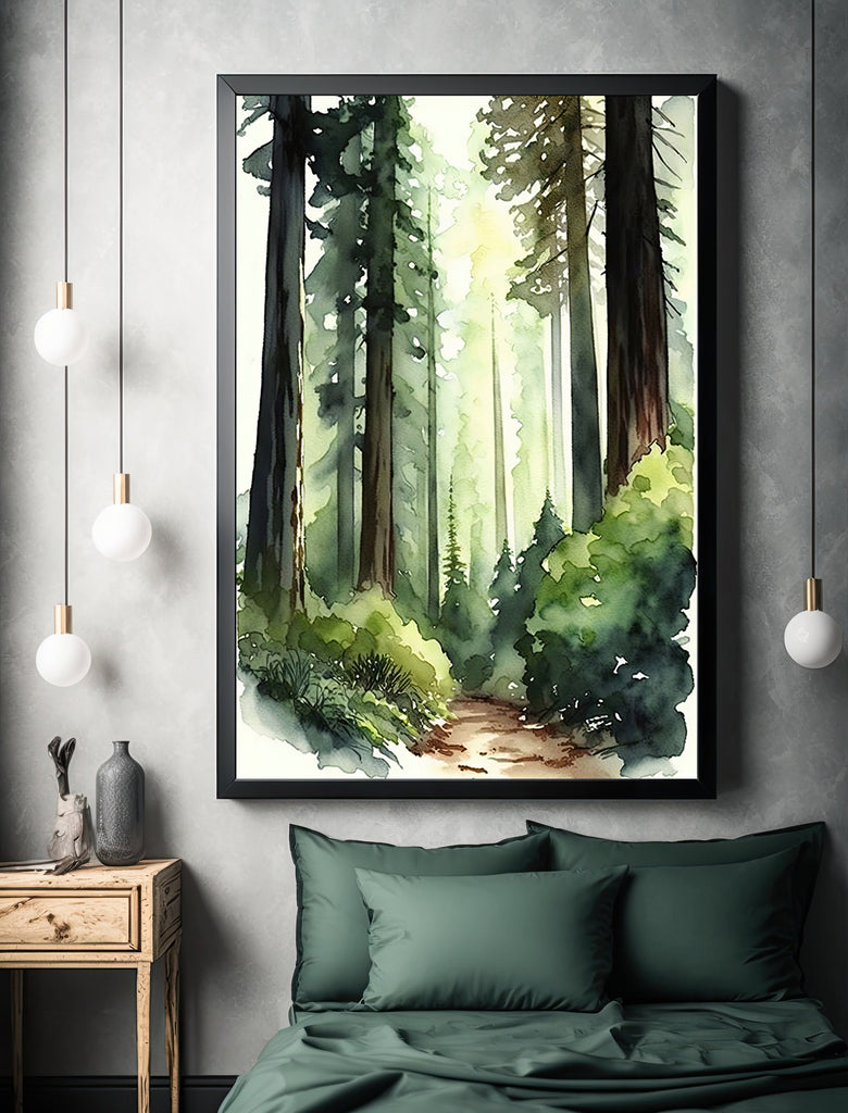 Redwood Tree Forest California Print Sequoia National Park Wall Art Landscape Watercolor Painting Gift Rustic Woodland Home Decor