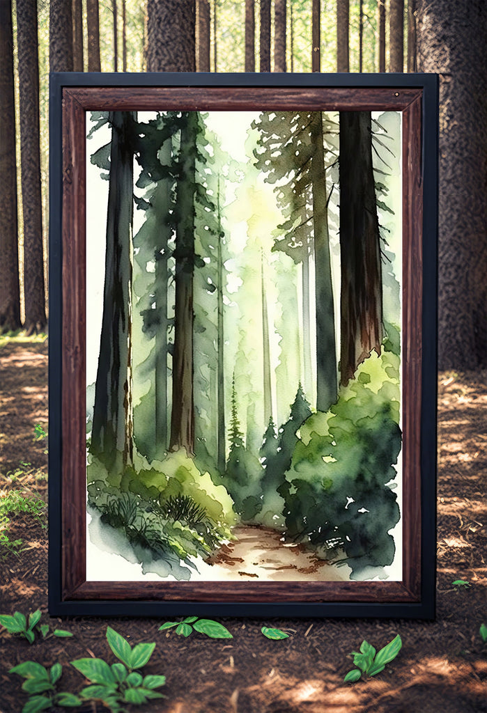 Redwood Tree Forest California Print Sequoia National Park Wall Art Landscape Watercolor Painting Gift Rustic Woodland Home Decor