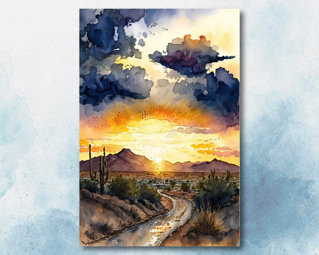 Desert Sunset Print Colorful Watercolor Wall Art Southwest Landscape Gift Saguaro Cactus Beautiful Nature Home Decor