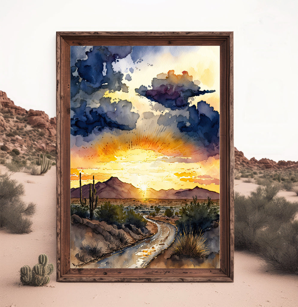 Desert Sunset Print Colorful Watercolor Wall Art Southwest Landscape Gift Saguaro Cactus Beautiful Nature Home Decor