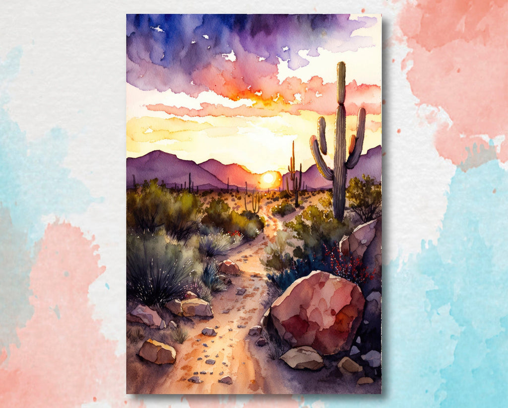 Desert Sunset Print Colorful Watercolor Wall Art Southwest Landscape Gift Saguaro Cactus Beautiful Nature Home Decor