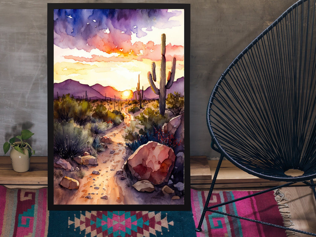 Desert Sunset Print Colorful Watercolor Wall Art Southwest Landscape Gift Saguaro Cactus Beautiful Nature Home Decor