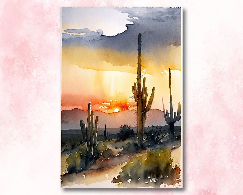 Desert Sunset Print Colorful Watercolor Wall Art Southwest Landscape Gift Saguaro Cactus Beautiful Nature Home Decor