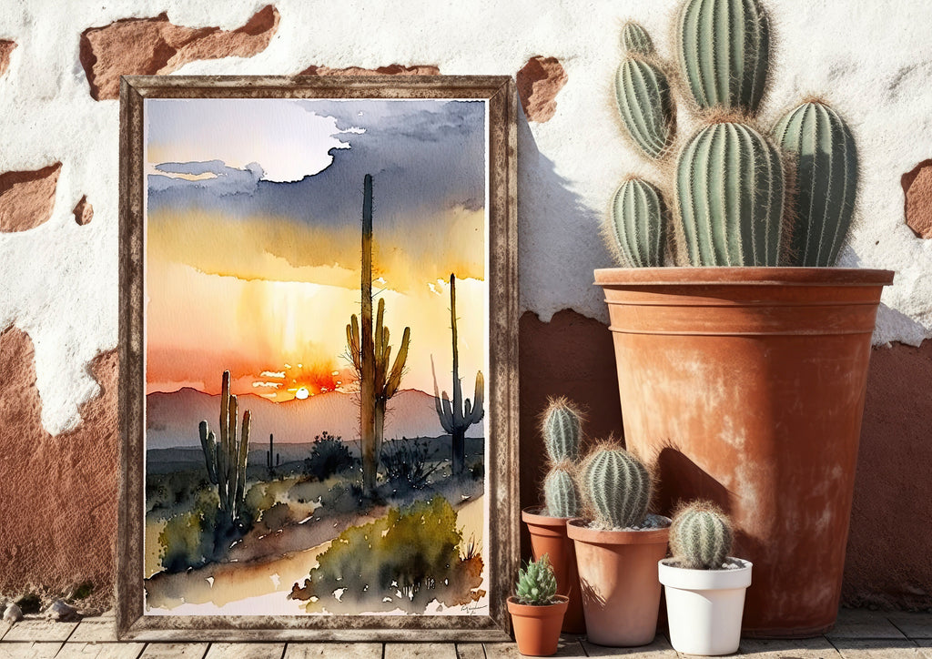 Desert Sunset Print Colorful Watercolor Wall Art Southwest Landscape Gift Saguaro Cactus Beautiful Nature Home Decor