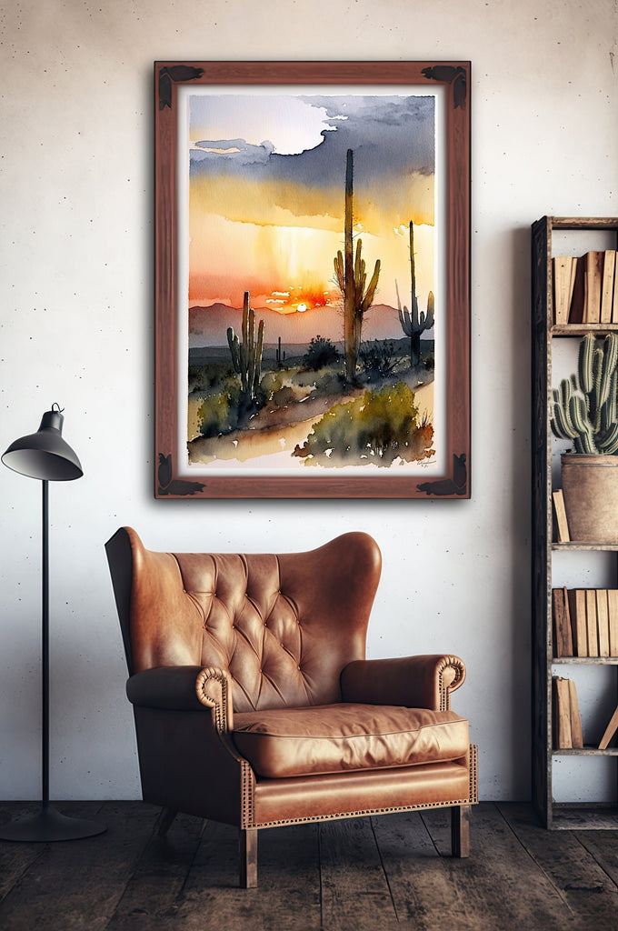 Desert Sunset Print Colorful Watercolor Wall Art Southwest Landscape Gift Saguaro Cactus Beautiful Nature Home Decor