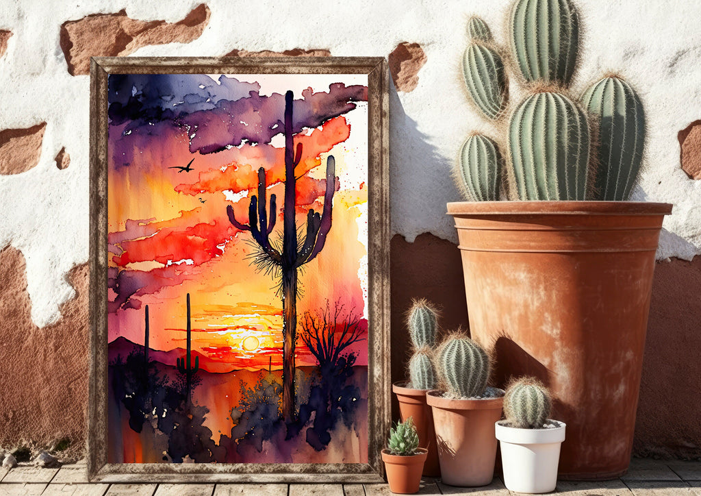 Desert Sunset Print Colorful Watercolor Wall Art Southwest Landscape Gift Saguaro Cactus Beautiful Nature Home Decor