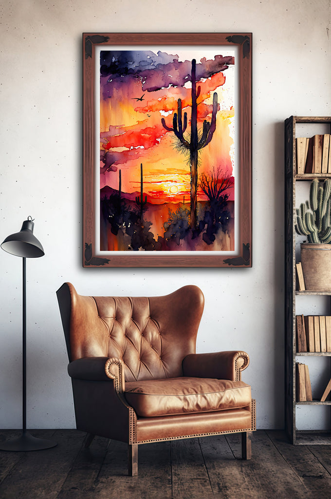 Desert Sunset Print Colorful Watercolor Wall Art Southwest Landscape Gift Saguaro Cactus Beautiful Nature Home Decor