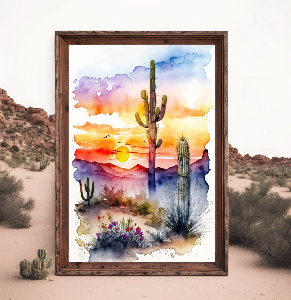 Desert Sunset Print Colorful Watercolor Wall Art Southwest Landscape Gift Saguaro Cactus Beautiful Nature Home Decor