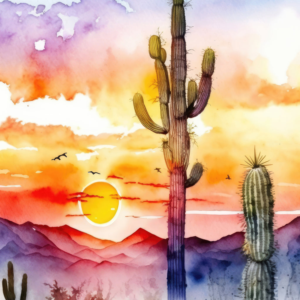 Desert Sunset Print Colorful Watercolor Wall Art Southwest Landscape Gift Saguaro Cactus Beautiful Nature Home Decor