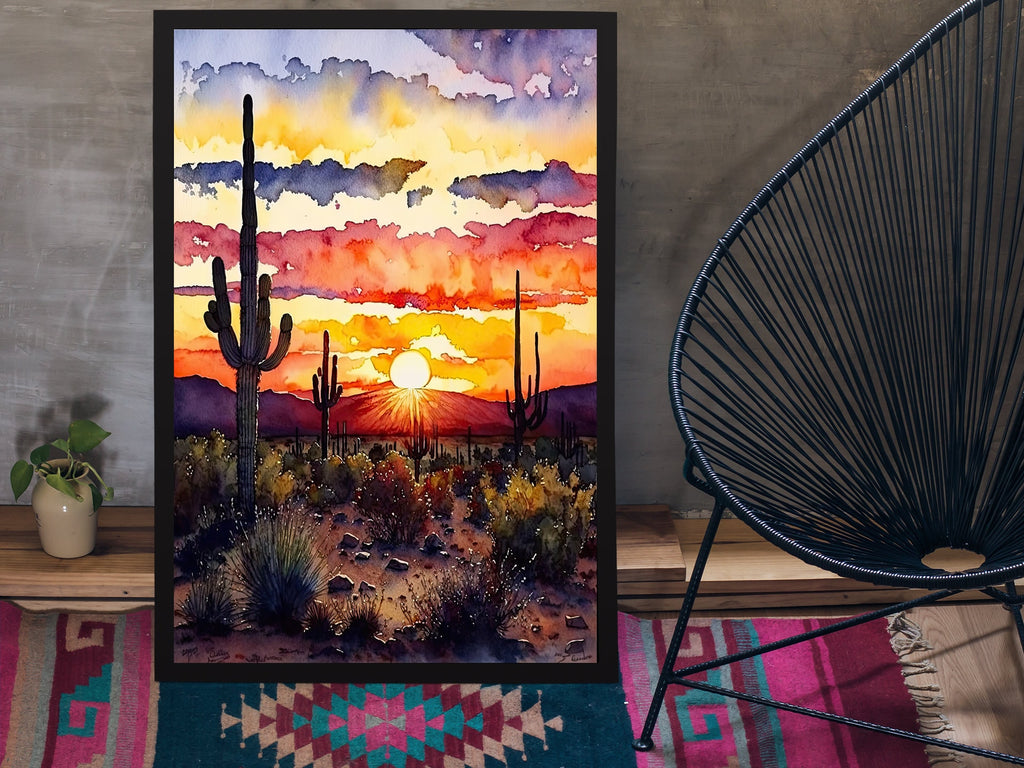 Desert Sunset Print Colorful Watercolor Wall Art Southwest Landscape Gift Saguaro Cactus Beautiful Nature Home Decor