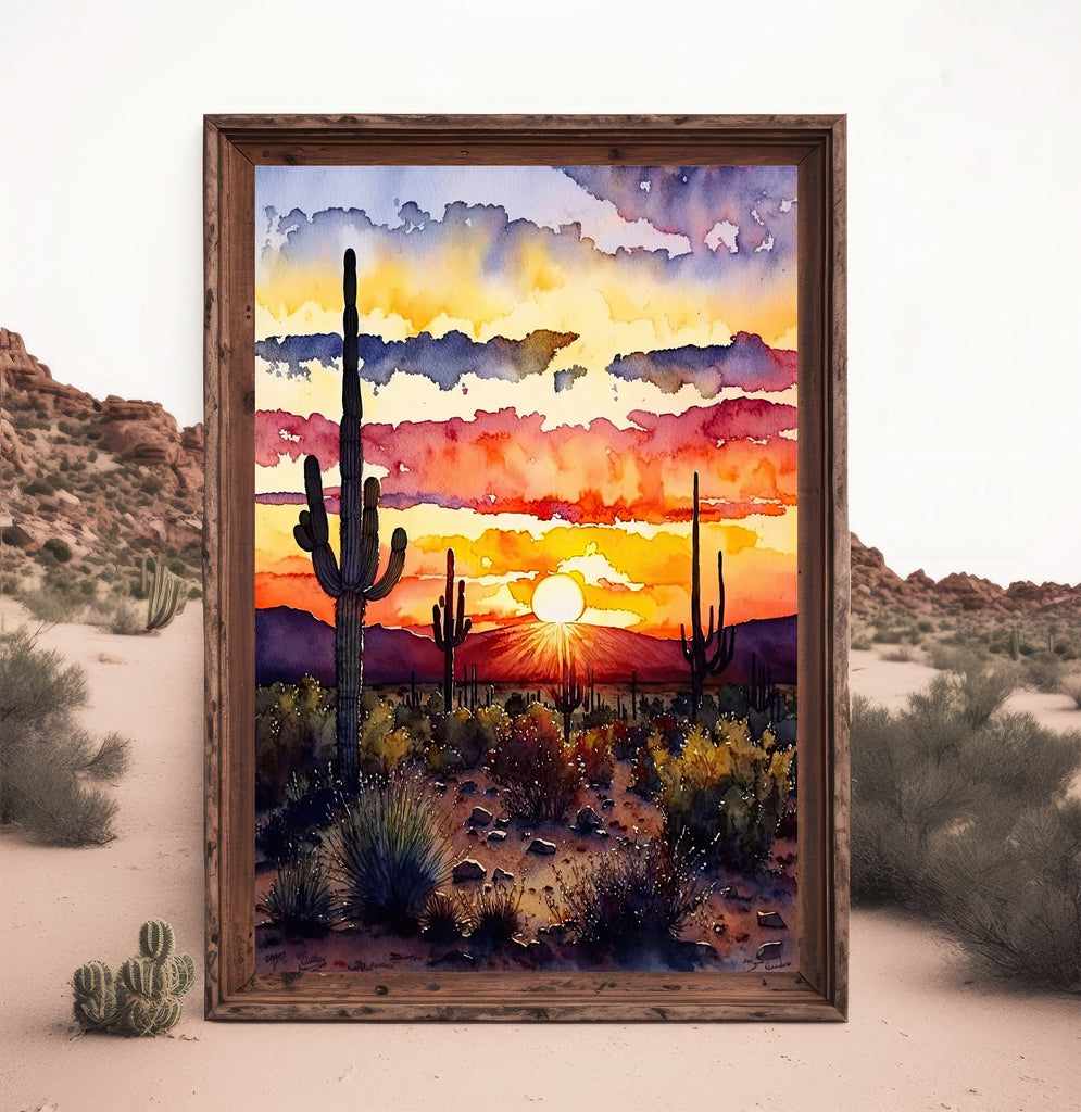 Desert Sunset Print Colorful Watercolor Wall Art Southwest Landscape Gift Saguaro Cactus Beautiful Nature Home Decor