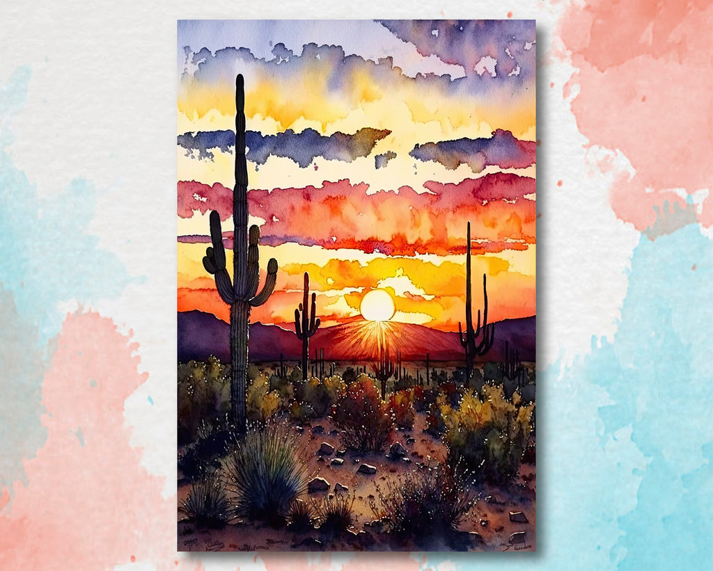 Desert Sunset Print Colorful Watercolor Wall Art Southwest Landscape Gift Saguaro Cactus Beautiful Nature Home Decor