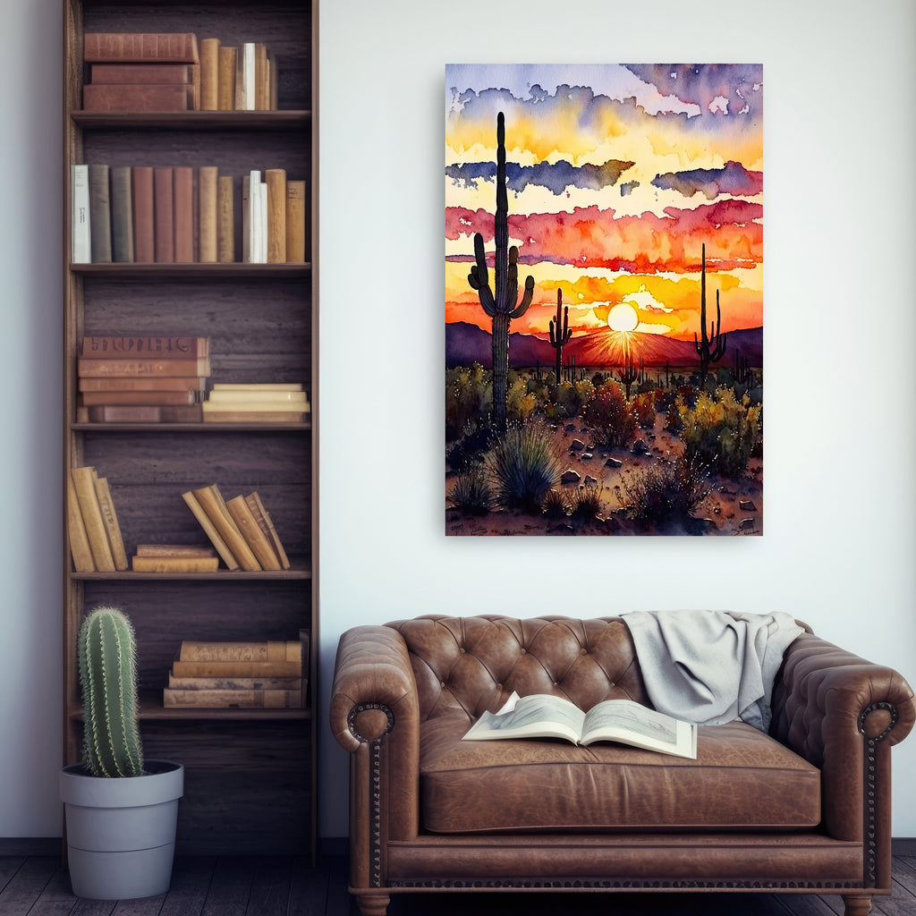 Desert Sunset Print Colorful Watercolor Wall Art Southwest Landscape Gift Saguaro Cactus Beautiful Nature Home Decor