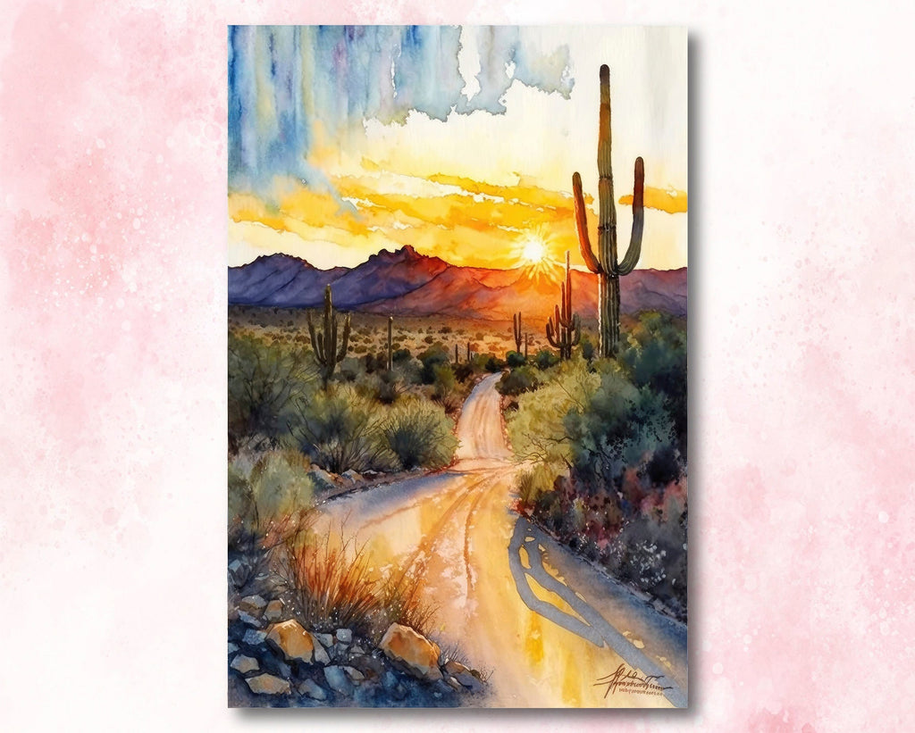 Desert Sunset Print Colorful Watercolor Wall Art Southwest Landscape Gift Saguaro Cactus Beautiful Nature Home Decor