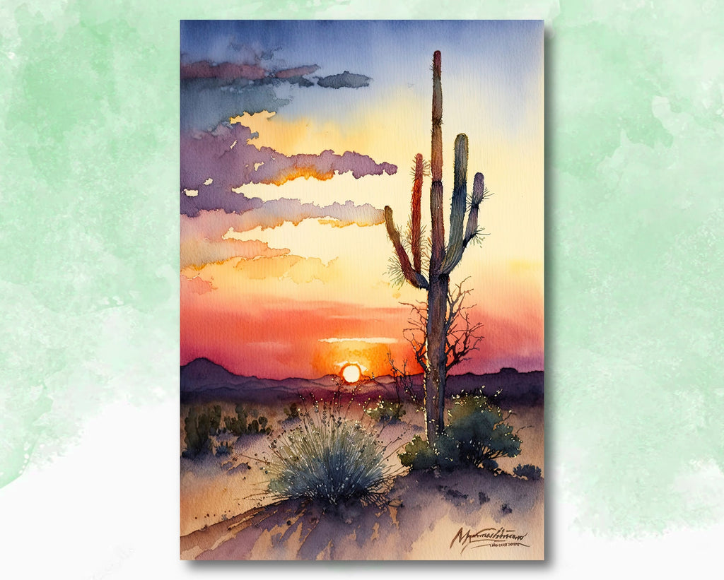 Desert Sunset Print Colorful Watercolor Wall Art Southwest Landscape Gift Saguaro Cactus Beautiful Nature Home Decor