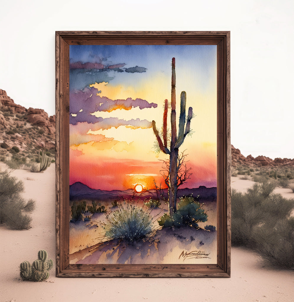 Desert Sunset Print Colorful Watercolor Wall Art Southwest Landscape Gift Saguaro Cactus Beautiful Nature Home Decor