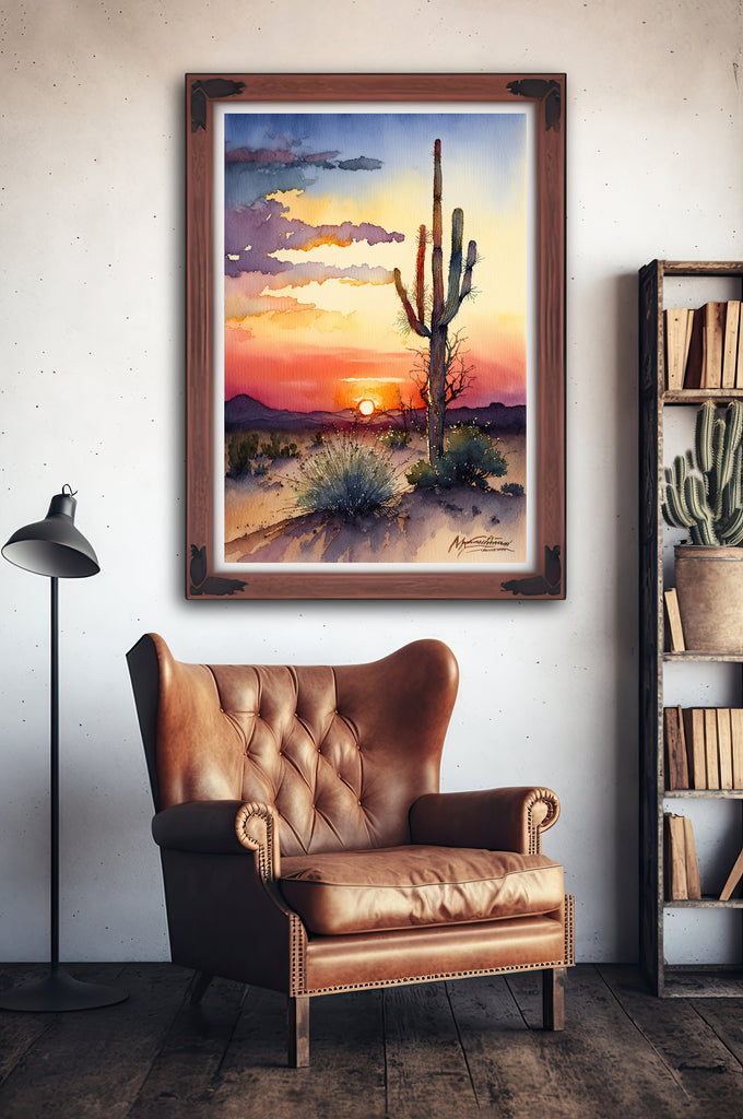 Desert Sunset Print Colorful Watercolor Wall Art Southwest Landscape Gift Saguaro Cactus Beautiful Nature Home Decor