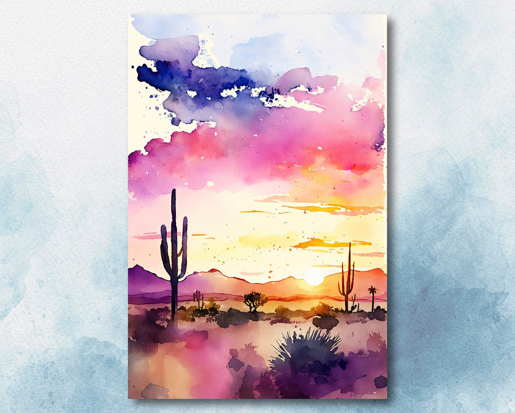 Desert Sunset Print Colorful Watercolor Wall Art Southwest Landscape Gift Saguaro Cactus Beautiful Nature Home Decor