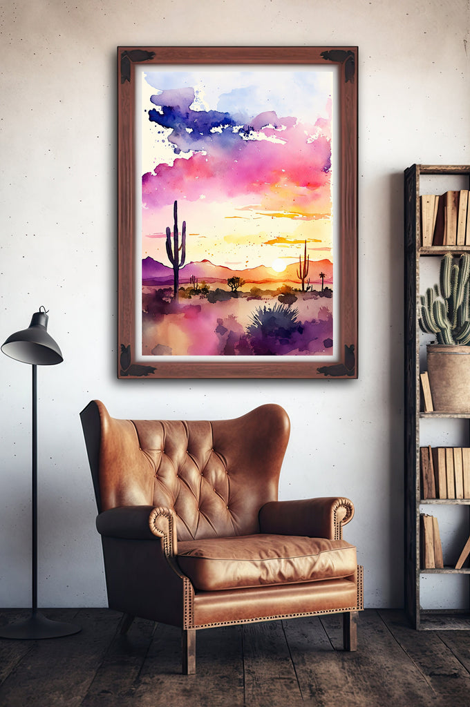 Desert Sunset Print Colorful Watercolor Wall Art Southwest Landscape Gift Saguaro Cactus Beautiful Nature Home Decor