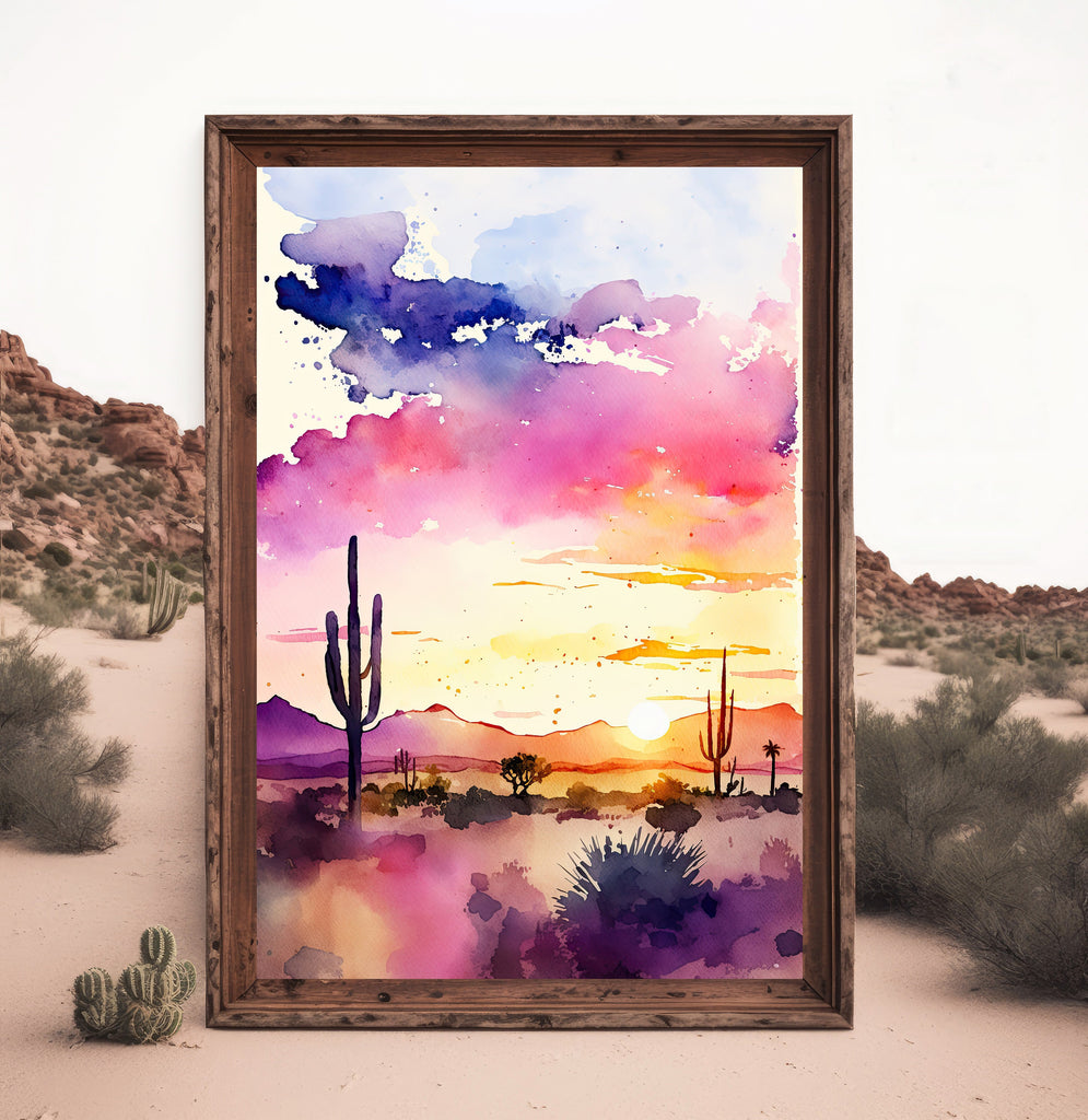 Desert Sunset Print Colorful Watercolor Wall Art Southwest Landscape Gift Saguaro Cactus Beautiful Nature Home Decor