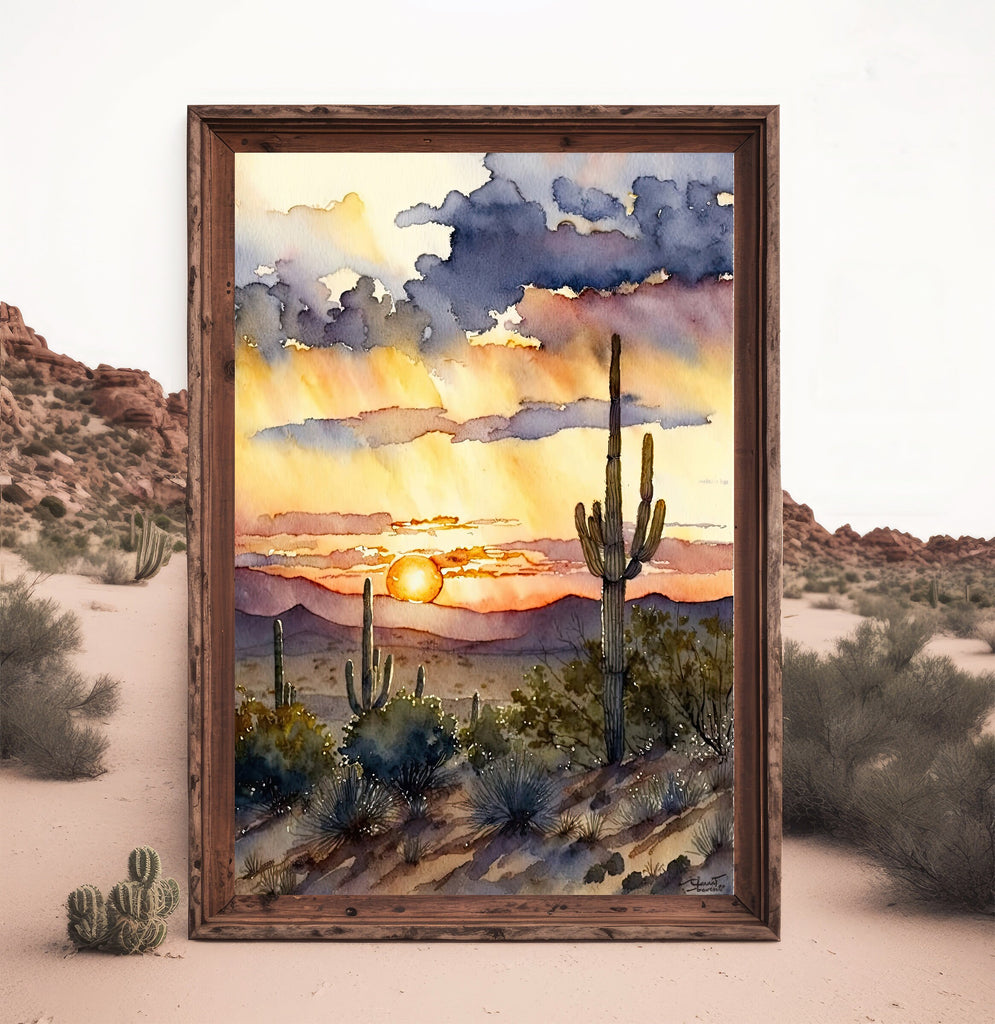 Desert Sunset Print Colorful Watercolor Wall Art Southwest Landscape Gift Saguaro Cactus Beautiful Nature Home Decor