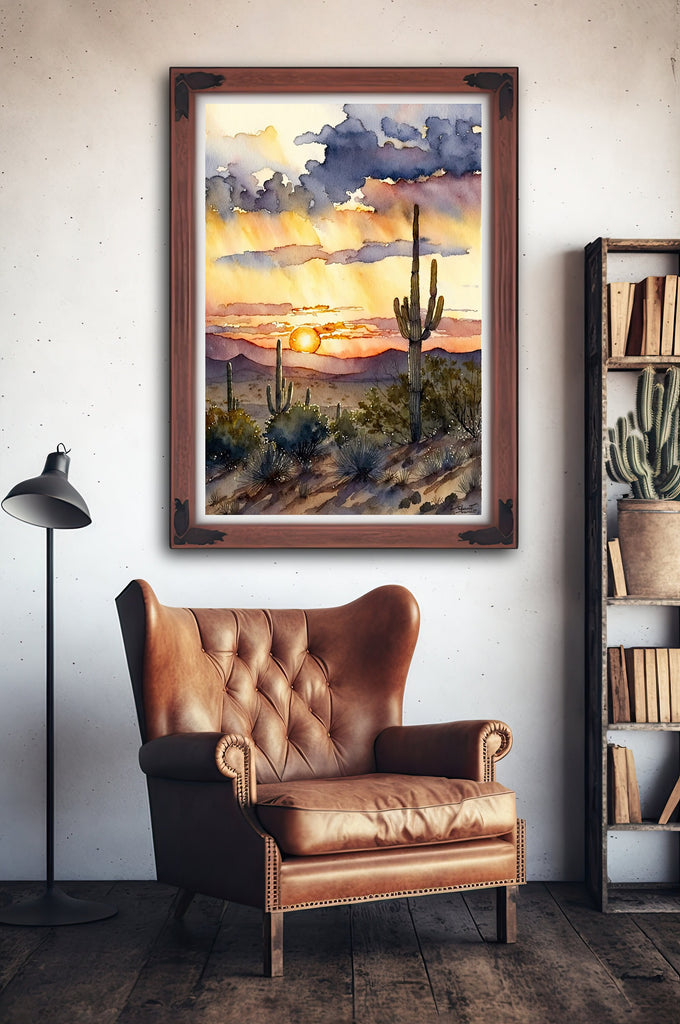 Desert Sunset Print Colorful Watercolor Wall Art Southwest Landscape Gift Saguaro Cactus Beautiful Nature Home Decor