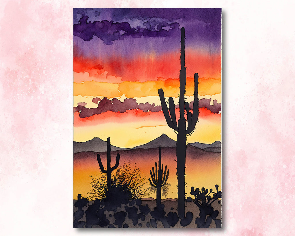 Desert Sunset Print Colorful Watercolor Wall Art Southwest Landscape Gift Saguaro Cactus Beautiful Nature Home Decor