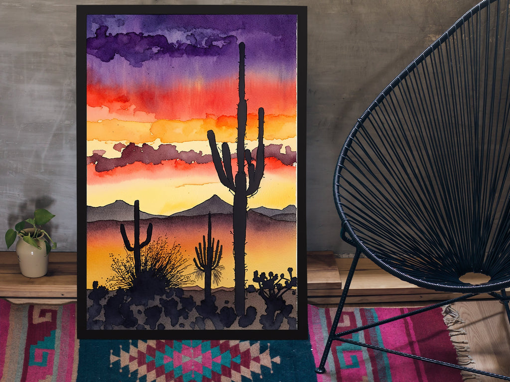 Desert Sunset Print Colorful Watercolor Wall Art Southwest Landscape Gift Saguaro Cactus Beautiful Nature Home Decor