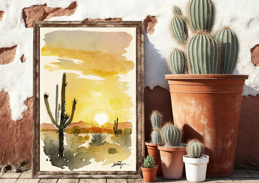 Desert Sunset Print Colorful Watercolor Wall Art Southwest Landscape Gift Saguaro Cactus Beautiful Nature Home Decor