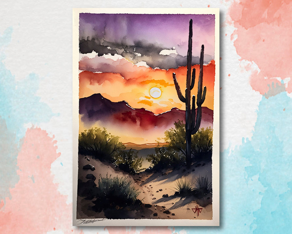 Desert Sunset Print Colorful Watercolor Wall Art Southwest Landscape Gift Saguaro Cactus Beautiful Nature Home Decor