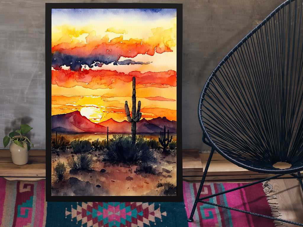 Desert Sunset Print Colorful Watercolor Wall Art Southwest Landscape Gift Saguaro Cactus Beautiful Nature Home Decor