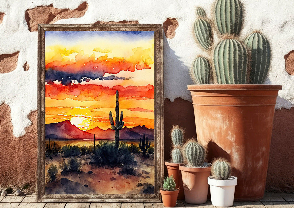 Desert Sunset Print Colorful Watercolor Wall Art Southwest Landscape Gift Saguaro Cactus Beautiful Nature Home Decor