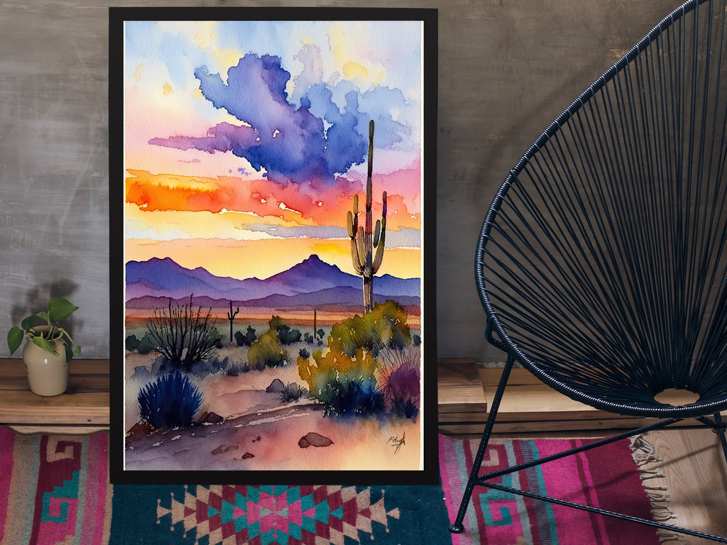 Desert Sunset Print Colorful Watercolor Wall Art Southwest Landscape Gift Saguaro Cactus Beautiful Nature Home Decor