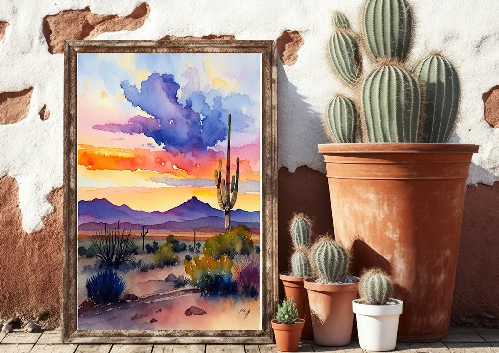 Desert Sunset Print Colorful Watercolor Wall Art Southwest Landscape Gift Saguaro Cactus Beautiful Nature Home Decor