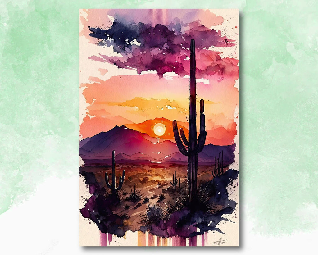 Desert Sunset Print Colorful Watercolor Wall Art Southwest Landscape Gift Saguaro Cactus Beautiful Nature Home Decor