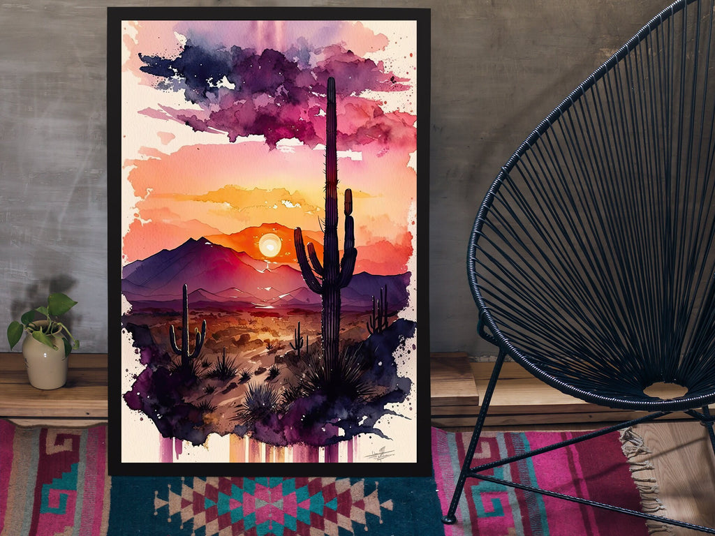 Desert Sunset Print Colorful Watercolor Wall Art Southwest Landscape Gift Saguaro Cactus Beautiful Nature Home Decor