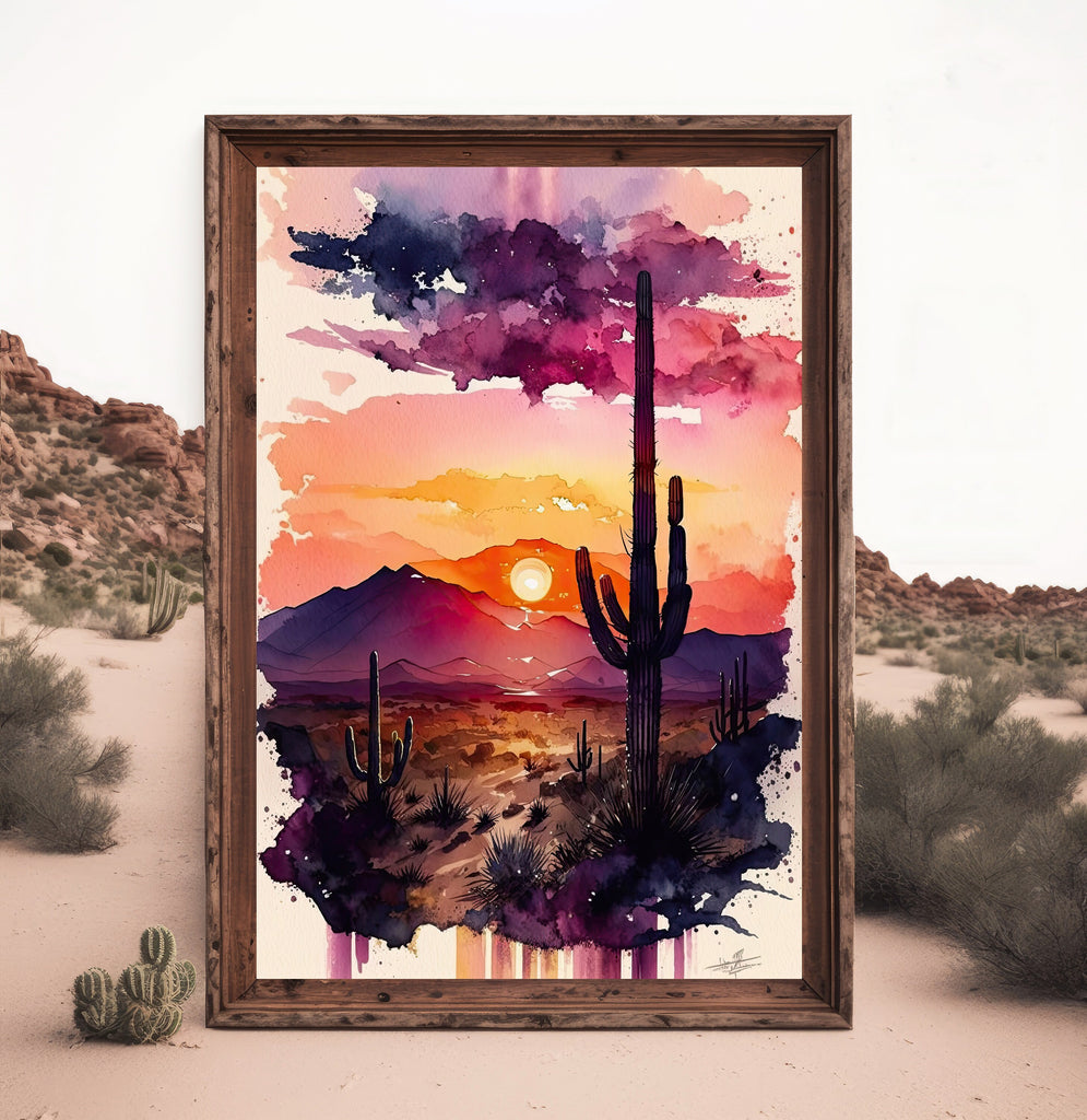 Desert Sunset Print Colorful Watercolor Wall Art Southwest Landscape Gift Saguaro Cactus Beautiful Nature Home Decor