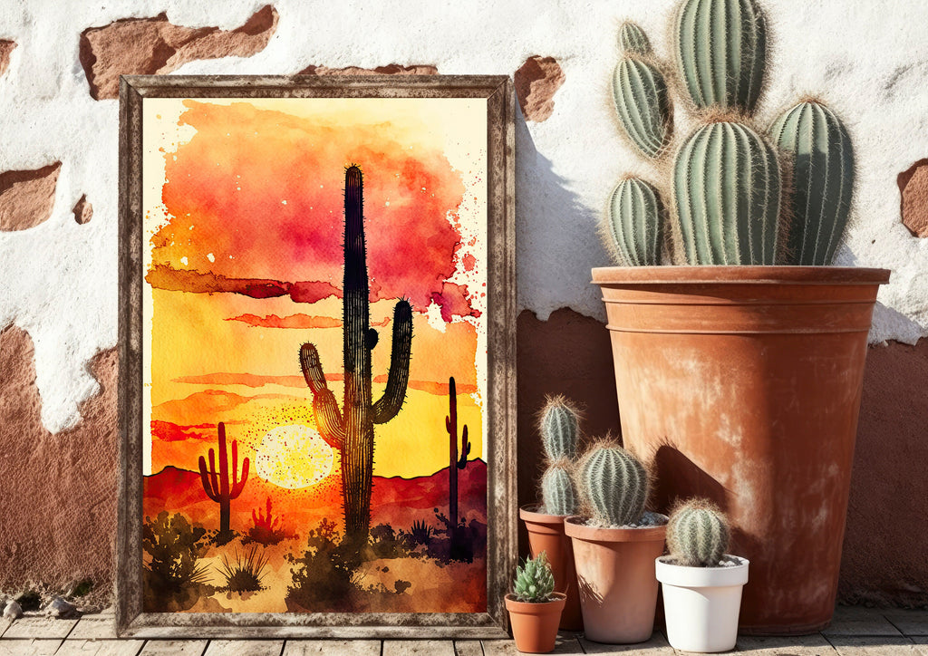 Desert Sunset Print Colorful Watercolor Wall Art Southwest Landscape Gift Saguaro Cactus Beautiful Nature Home Decor