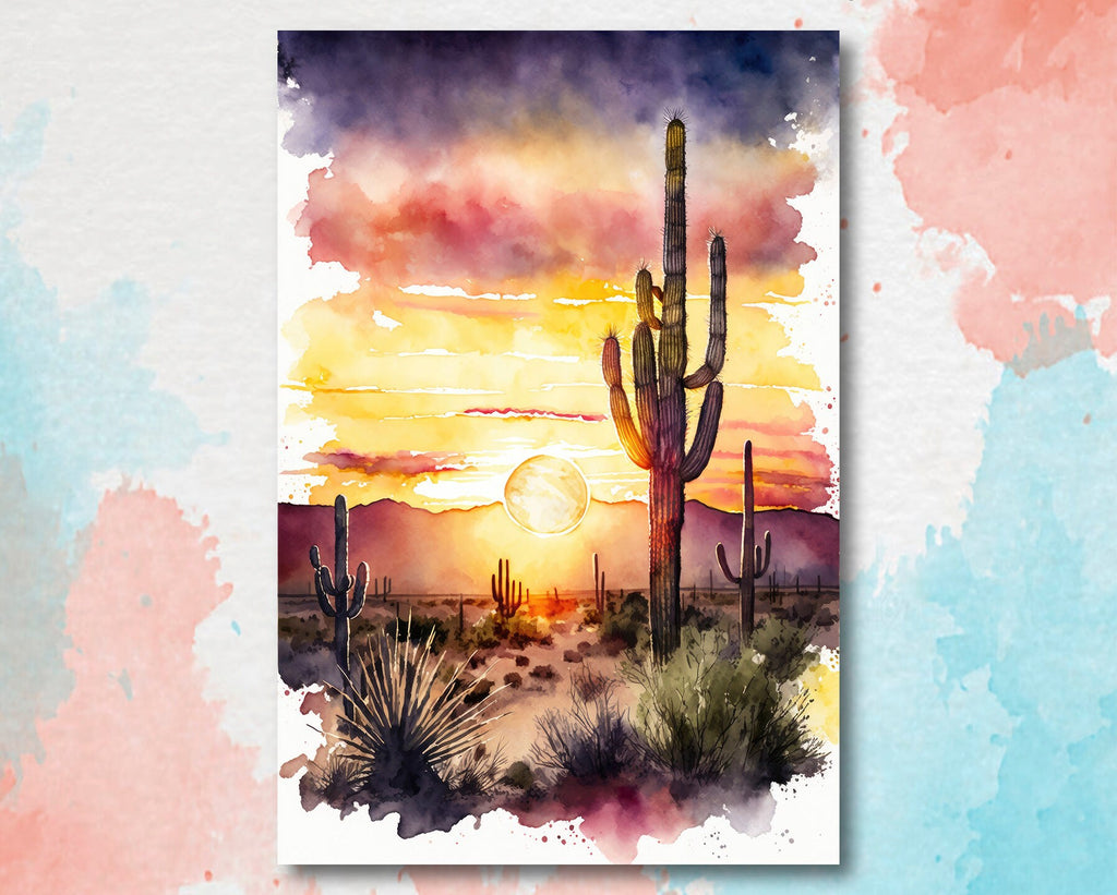 Desert Sunset Print Colorful Watercolor Wall Art Southwest Landscape Gift Saguaro Cactus Beautiful Nature Home Decor